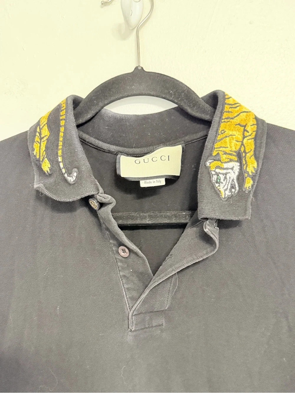 Gucci Black Polo with Yellow Tiger-Print Collar Detail medium